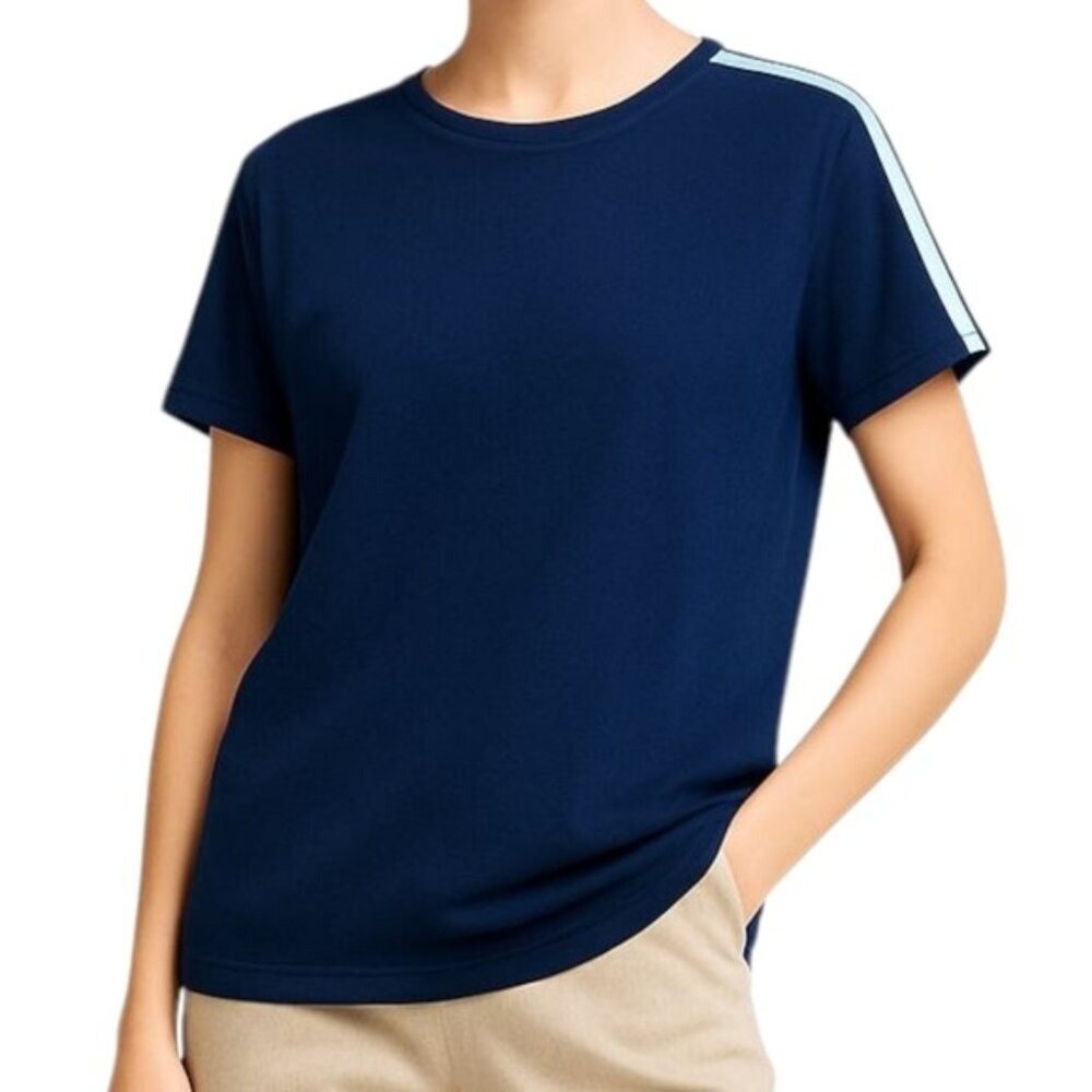 DIEZ T Shirt Tape 3 Sporty Stripes Navy Cotton Shoulder Long Curved Hem Crewneck